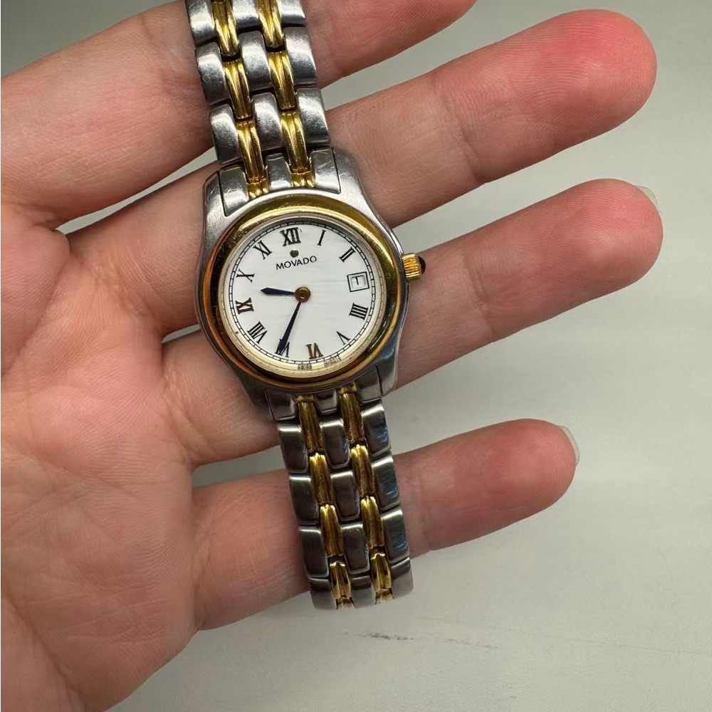 Movado Silver and Gold Watch with White Dial Working New Battery - Picture 6 of 8